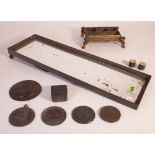 COLLECTABLES INCLUDING, BRONZE MEDALLIONS, RECTANGULAR MIRRORED TRAY AND SUNDRY. (QTY)