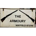 A MID-20TH CENTURY HANGING METAL ARMOURY SIGN