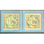 A PAIR OF MAJOLICA GLAZED POTTERY SQUARE TILES (2)