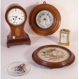 A 19TH CENTURY ROSEWOOD BALOON SHAPE MANTEL CLOCK, AN EARLY 20TH CENTURY OAK CASED BAROMETER,...