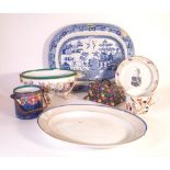 CERAMICS, INCLUDING FLORAL DECORATED OVAL PORCELAIN CENTRE BOWL, LARGE BLUE AND WHITE PLATTER...