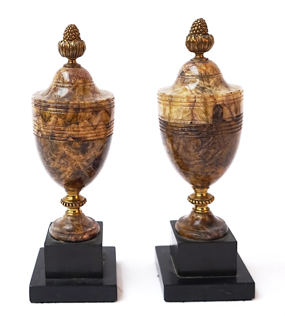 A PAIR OF GILT-BRASS MOUNTED DERBYSHIRE BLUE JOHN ORNAMENTAL URNS