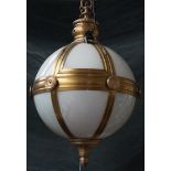 A BRASS MOUNTED OPAQUE GLASS GLOBULAR HANGING LIGHT