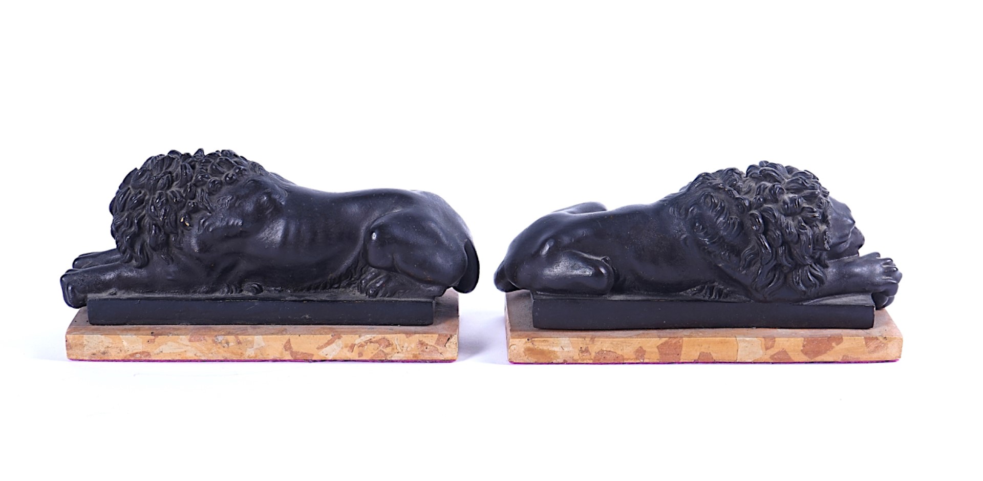 A PAIR OF BRONZE PATINATED COMPOSITION RECLINING LIONS - Image 5 of 6