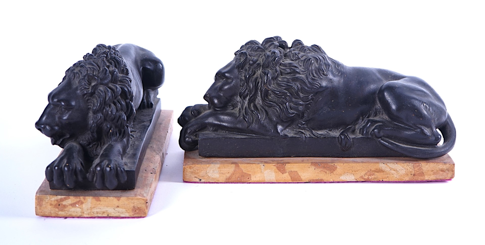 A PAIR OF BRONZE PATINATED COMPOSITION RECLINING LIONS - Image 4 of 6