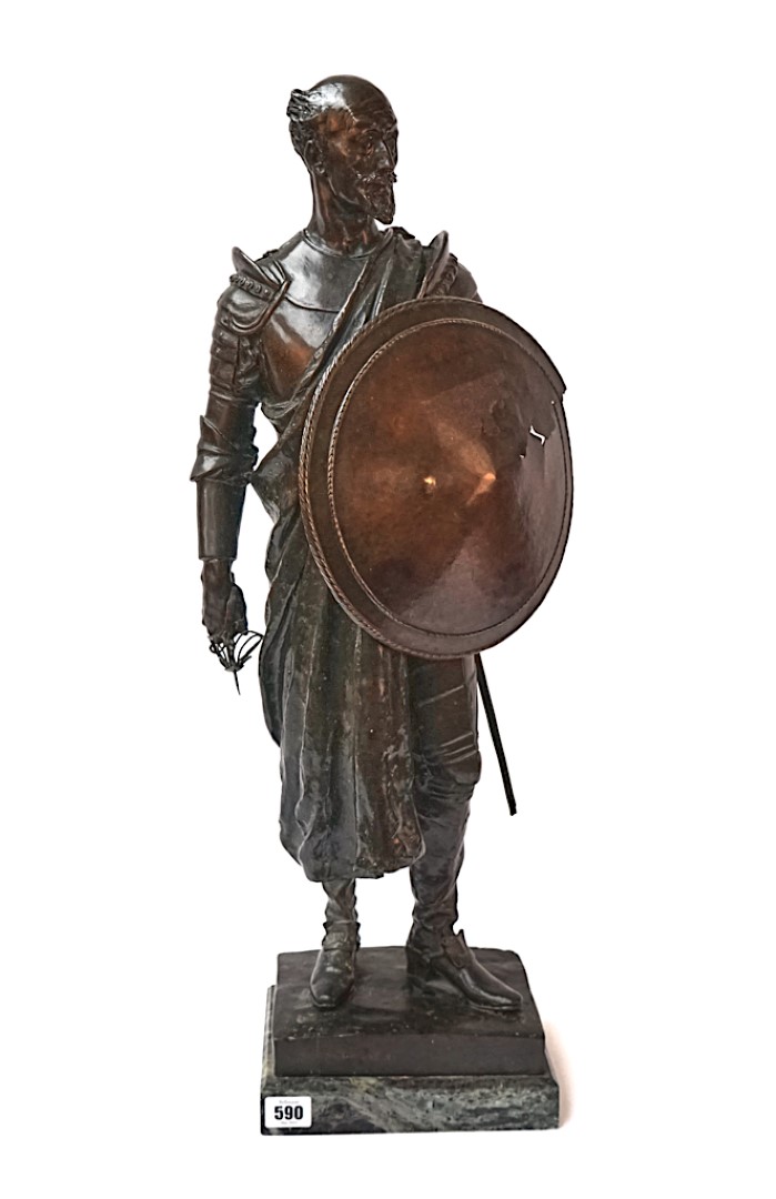 MERVYN HERAPATH (1864-1932); A BRONZE CAST OF A VICTORIAN GENTLEMEN DRESSED AS A KNIGHT,...