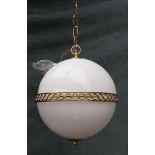 A GROUP OF FIVE OPALINE AND BRASS LACQUERED GLOBE HANGING LIGHTS (5)