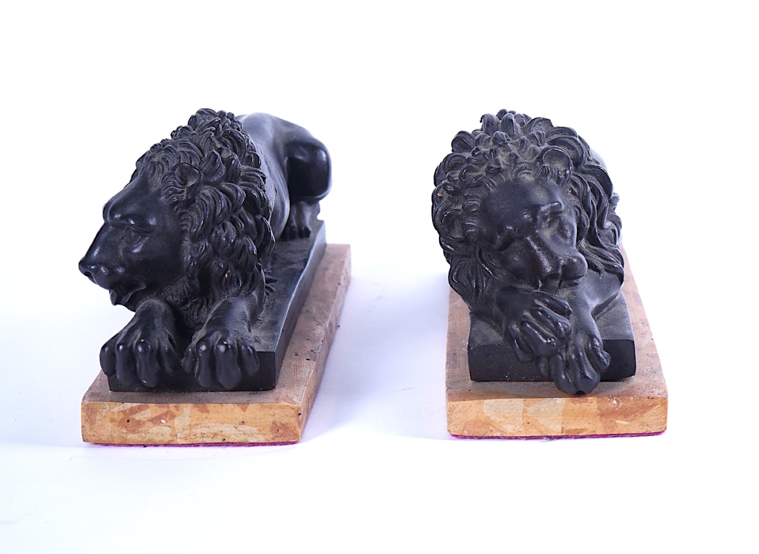 A PAIR OF BRONZE PATINATED COMPOSITION RECLINING LIONS - Image 3 of 6