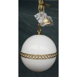 A GROUP OF FIVE OPALINE AND BRASS LACQUERED METAL GLOBE HANGING LIGHTS (5)