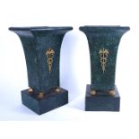 A PAIR OF FRENCH RESTAURATION PAINTED MALACHITE TOLE-PEINTE VASES