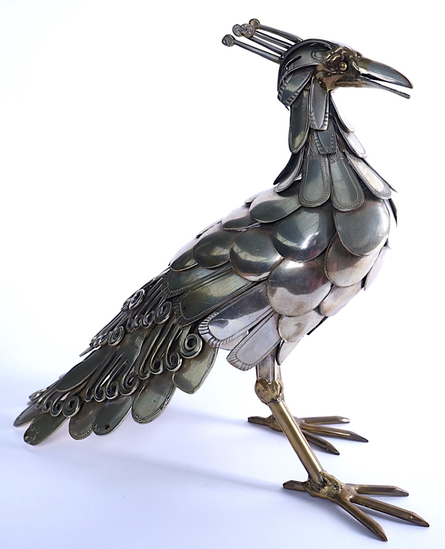 A NOVEL SILVER-PLATED MODEL PEACOCK - Image 3 of 9