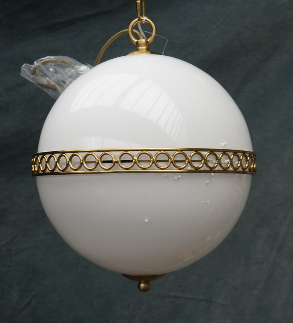 A GROUP OF FIVE OPALINE AND BRASS LACQUERED GLOBE HANGING LIGHTS (5) - Image 2 of 3