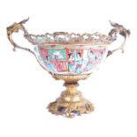 A CHINESE CANTONESE FAMILY ROSE PORCELAIN AND ORMOLU MOUNTED BOWL