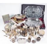 SILVERPLATED WARES, INCLUDING TEAPOTS, A SALVER, AN ENTREE DISH AND SUNDRY (QTY)