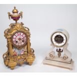 A 19TH CENTURY FRENCH ONYX MANTEL CLOCK WITH SWINGING PUTTI PENDULUM AND A FRENCH GILT METAL...