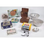 COLLECTABLES INCLUDING, DECO CHROME DESK CLOCKS, CIGAR BOXES, JELLY MOULDS AND SUNDRY. (QTY)