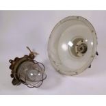 A VINTAGE SHIP’S LAMP ON ROPE TOGETHER WITH A CREM INDUSTRIAL LIGHT (2)