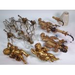 A PAIR OF GILDED CHERUBS, A PAIR OF ACANTHUS WALL SCONCES AND ANOTHER WALL SCONCE (5)