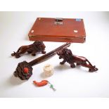 ASIAN COLLECTABLES INCLUDING; A MAHJONG SET, BRONZE RUYI SCEPTRE, A PAIR OF WOODEN LIONS,...