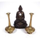 A CHINESE BRONZE BUDDHA 20CM HIGH AND A PAIR OF BRONZE VASES (3)