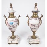 A PAIR OF MODERN MARBLE AND BRASS DECORATIVE TWIN HANDLED URNS. (2)