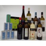 8 BOTTLES ITALIAN WHITE WINE, BOX AND CANS