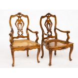 A PAIR OF 19TH CENTURY ITALIAN WALNUT PIERCED VASE BACK OPEN ARMCHAIRS (2)