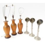 THREE WOVEN PLANT FIBRE COVERED CERAMIC BALUSTER TABLE LAMPS AND THREE CHROME CANDLESTICKS (6)