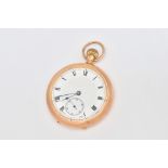 A 9CT GOLD CASED, KEYLESS WIND, OPENFACED GENTLEMAN'S POCKET WATCH