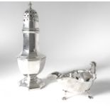 A SILVER SUGAR CASTER AND A SILVER SAUCEBOAT (2)