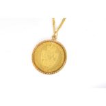A GEORGE III SPADE GUINEA PENDANT WITH A 9CT GOLD NECKCHAIN (2)