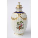 A WORCESTER PORCELAIN FLUTED TEA CANISTER AND COVER (2)
