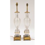 A PAIR OF GLASS AND GILT-METAL MOUNTED BALUSTER TABLE LAMPS (2)