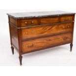 A DIRECTOIRE MARBLE TOPPED BRASS INLAID MAHOGANY COMMODE