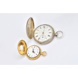 AN 18CT GOLD KEYLESS WIND, HALF HUNTING CASED FOB WATCH AND A SILVER HUNTING CASED POCKET...