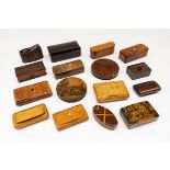 A GROUP OF EIGHTEEN TREEN SNUFF BOXES INCLUDING A SCOTTISH MAUCHLINE SYCAMORE BOX (18)