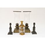 A PAIR OF REGENCY PATINATED BRASS CANDLESTICKS TOGETHER WITH A REGENCY GILT-BRASS AND LUSTRE...