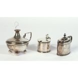A SILVER TABLE LIGHTER AND TWO SILVER MUSTARD POTS (3)