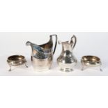 TWO SILVER CREAM JUGS AND A PAIR OF SILVER SALTS (4)