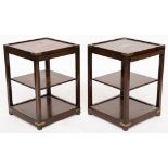 A PAIR OF CAMPAIGN STYLE BRASS MOUNTED MAHOGANY THREE TIER OCCASIONAL TABLES (2)