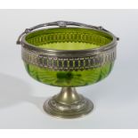A W.M.F. SILVER PLATED METAL MOUNTED GREEN GLASS PEDESTAL BOWL
