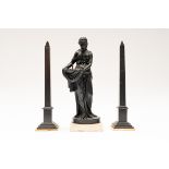 A PAIR OF FRENCH BLACK MARBLE OBELISKS AND A CLASSICAL MAIDEN (3)