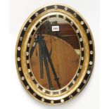 A 19TH CENTURY IRISH PARCEL GILT EBONISED AND HOBNAIL GLASS MOUNTED OVAL MIRROR