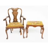 AN EARLY 20TH CENTURY QUEEN ANNE STYLE WALNUT OPEN ARMCHAIR AND GEORGE II STYLE WALNUT STOOL (2)