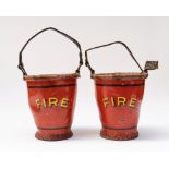 A PAIR OF PAINTED LEATHER FIRE BUCKETS (2)
