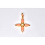 A VICTORIAN GOLD, DIAMOND, CORAL AND HALF PEARL SET PENDANT