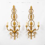 A PAIR ADAM STYLE GILT TWIN LIGHT WALL APPLIQUÉS TOGETHER WITH A PAIR OF WALL BRACKETS (4)