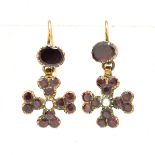 A PAIR OF GOLD, GARNET AND SEED PEARL EARRINGS