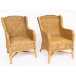 A PAIR OF WICKER WINGBACK GARDEN CHAIRS (3)