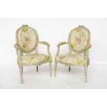 A PAIR OF 18TH CENTURY FRENCH DUCK EGG BLUE PAINTED OPEN ARMCHAIRS WITH RIBBON TIED CREST (2)